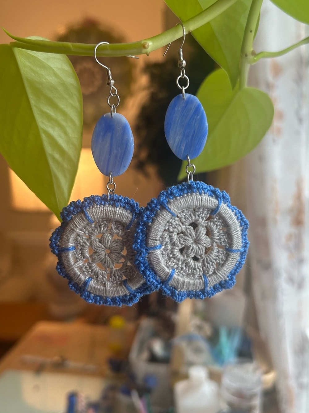 Handmade Blue and Gray Crochet Drop Earrings